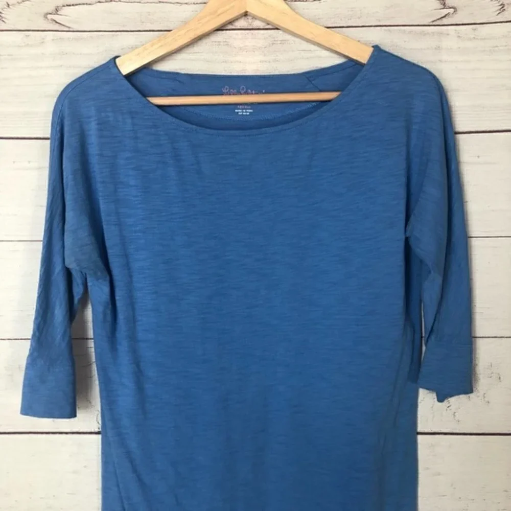 Lilly Pulitzer Solid Blue Pima Cotton Cassie 3/4 Sleeve T-Shirt Shift Dress XS